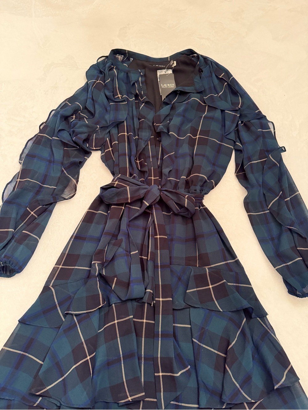 Ralph Lauren Navy and Teal Plaid Ruffled Tie-Waist Long Sleeve Dress